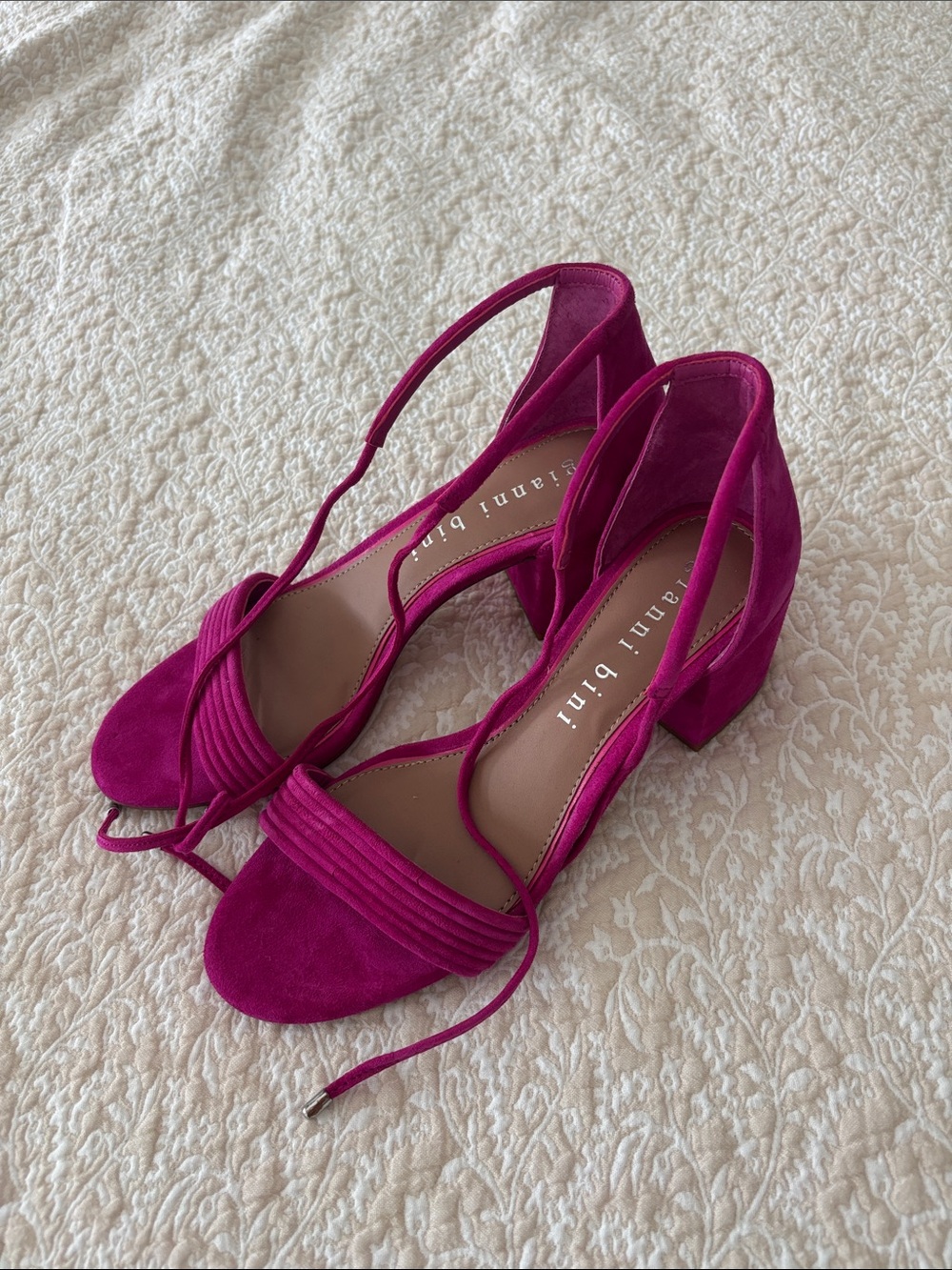 Gianni Bini Magenta Suede Block Heel Sandals with Ankle Ties